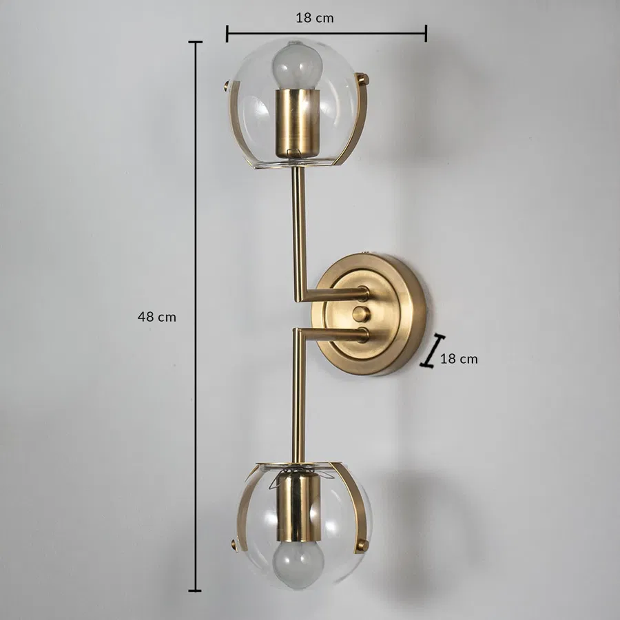Gold metal wall light with 45 cm height 14.5 cm width and 18 cm depth for luxury modern decor spaces.