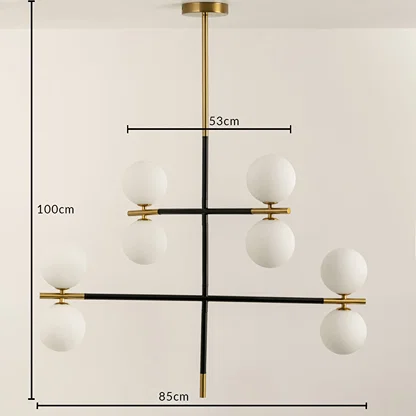 Frosted glass globe chandelier with gold and black metal frame measuring 100 cm height and 85 cm width for interiors.