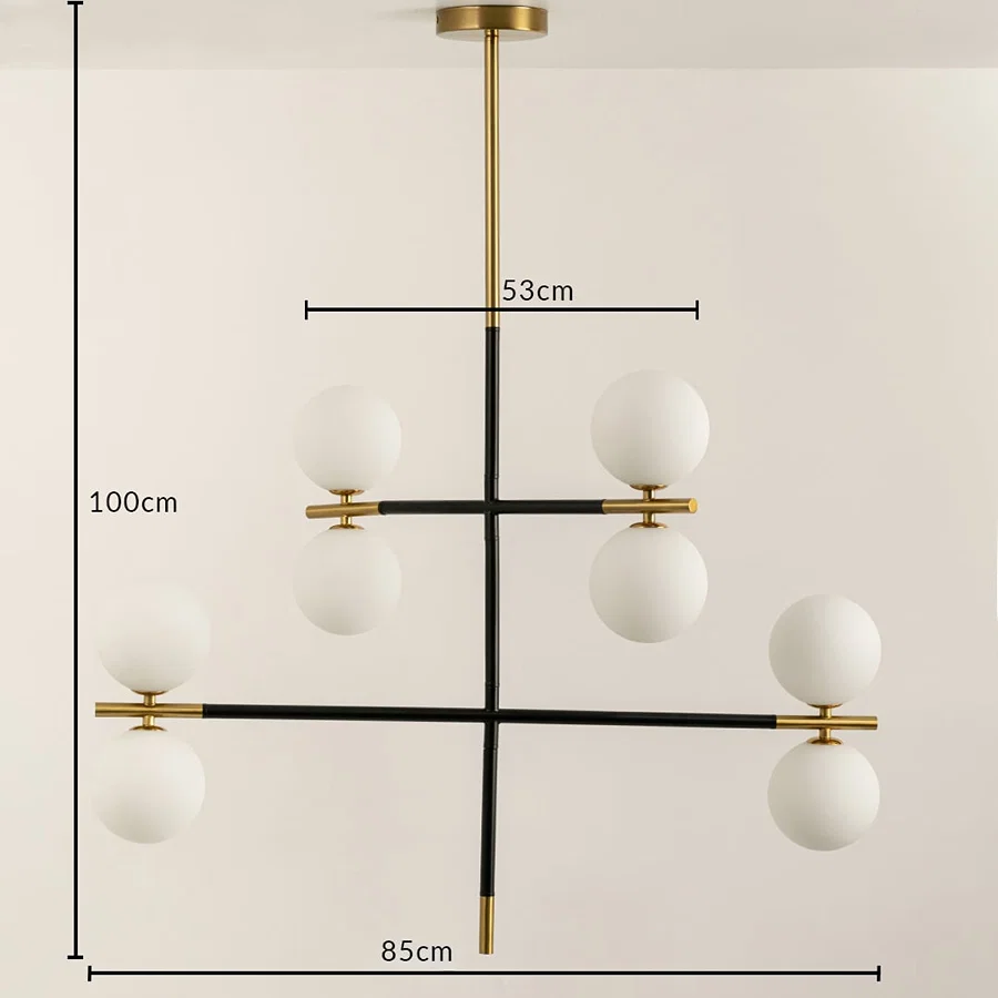 Frosted glass globe chandelier with gold and black metal frame measuring 100 cm height and 85 cm width for interiors.