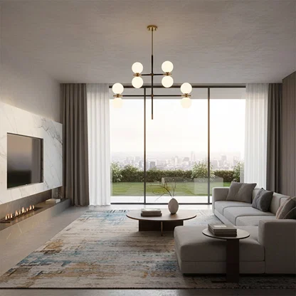 Frosted glass globe chandelier creating warm ambient lighting above modern living room seating with contemporary decor.