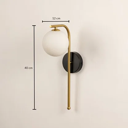 A gold and black wall sconce with a frosted globe shade shown with clear dimensions displaying a height of 40 cm and a width of 12 cm for accurate placement.