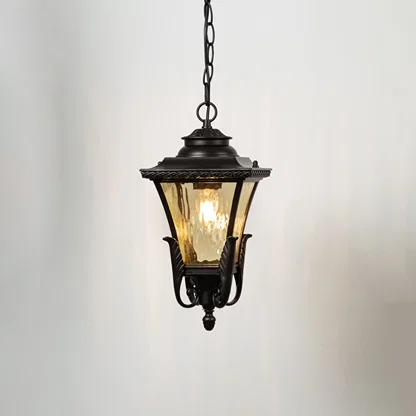 Vintage black metal hanging lantern light with textured glass for elegant balcony lighting decor.