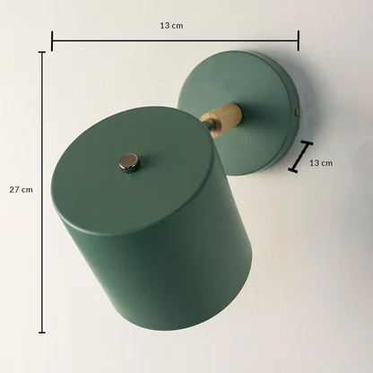 Technical diagram showing the green wall lamp dimensions with overall height 27cm shade diameter 13cm and base diameter 13cm measurements.