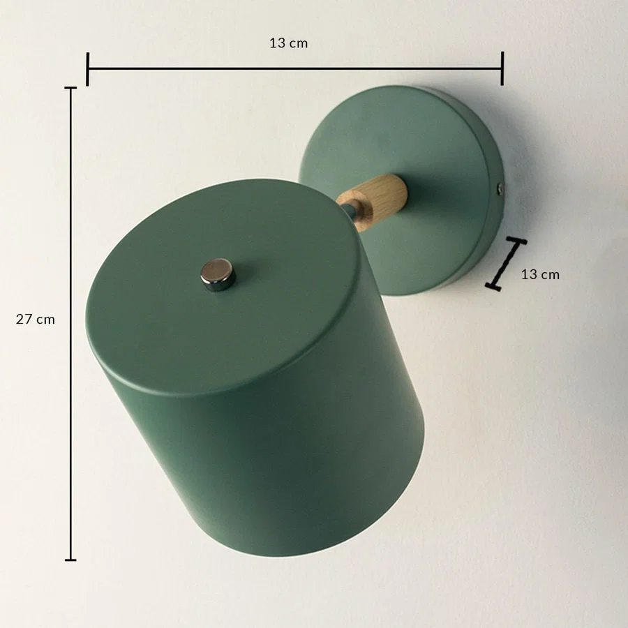 Technical diagram showing the green wall lamp dimensions with overall height 27cm shade diameter 13cm and base diameter 13cm measurements.