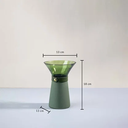 Green glass vase with 18 cm height 13 cm width and wide mouth opening shown clearly for decorative interior use.