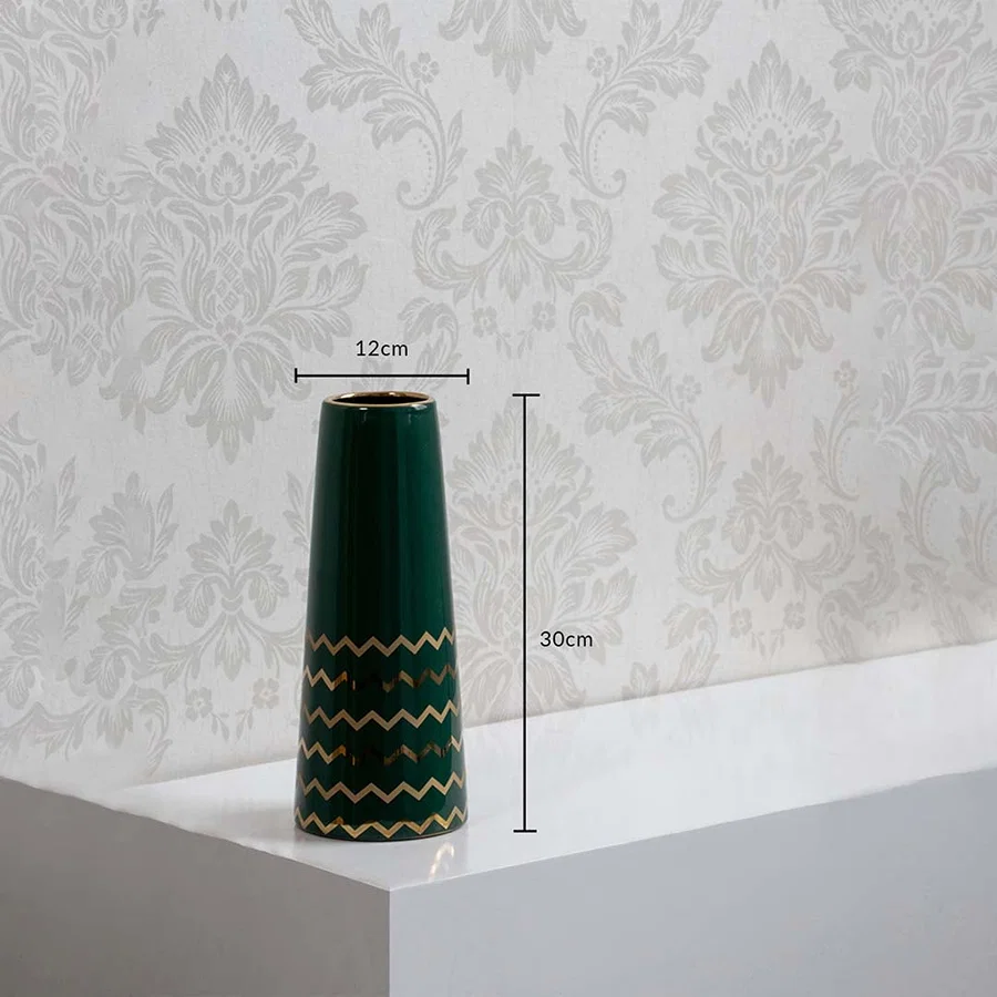 Green ceramic vase with golden zigzag design shown with dimensions 30 cm height and 12 cm width.