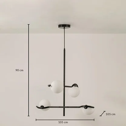 Black metal chandelier with white globes shown with 105 cm width 105 cm depth and 90 cm height for modern ceiling lighting.