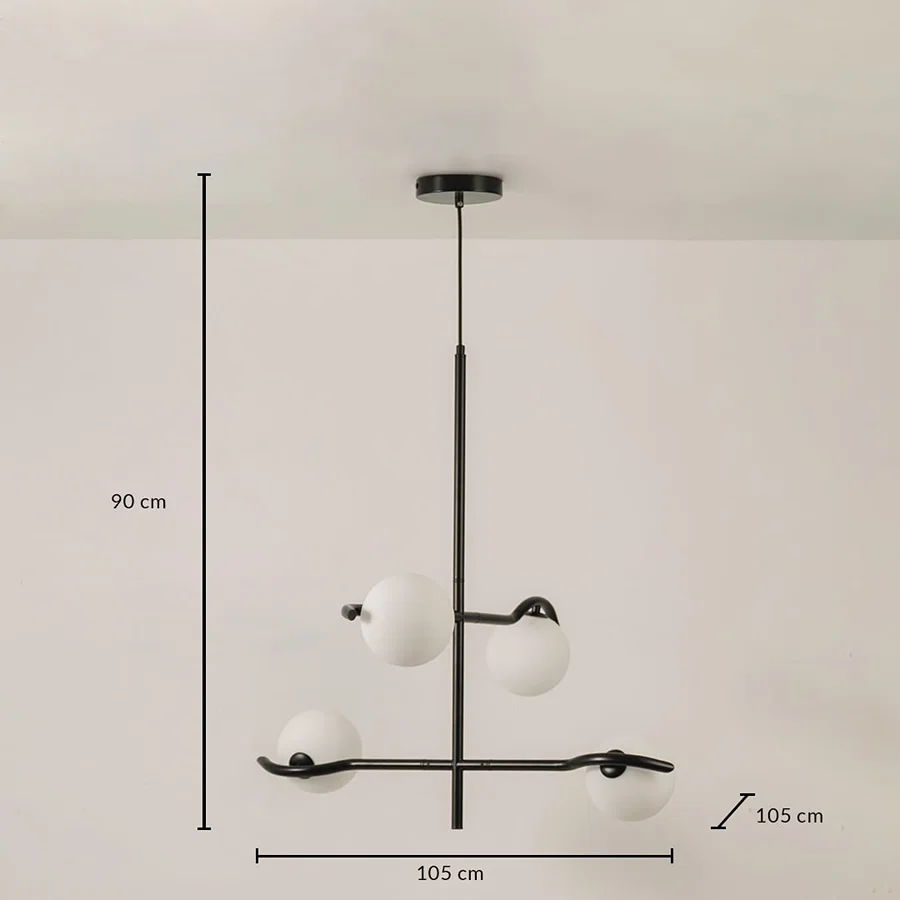 Black metal chandelier with white globes shown with 105 cm width 105 cm depth and 90 cm height for modern ceiling lighting.