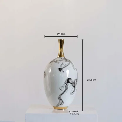 White ceramic decorative vase with grey marble pattern showing product dimensions for elegant modern home decor displays.