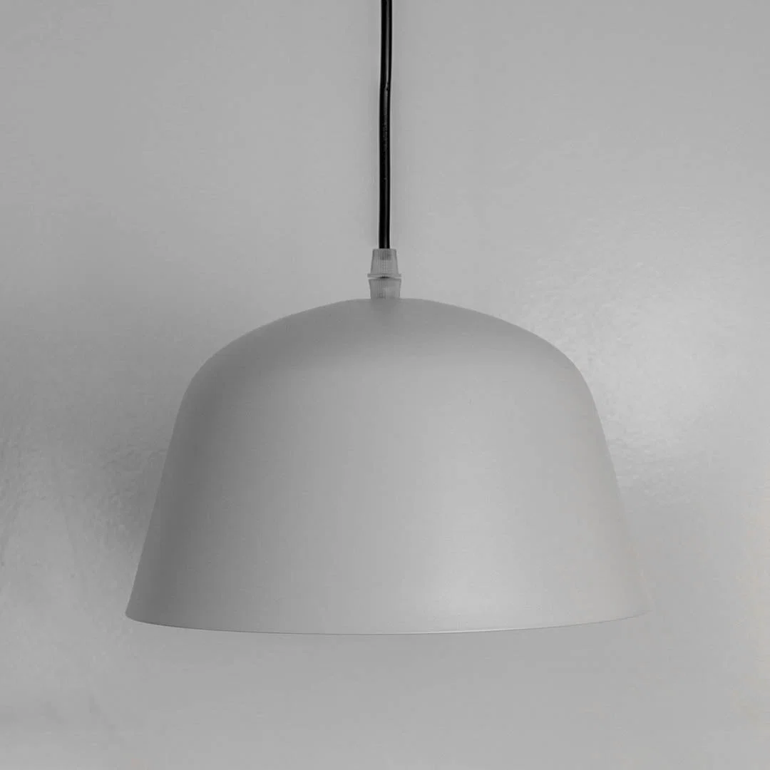 Minimalist white metal pendant light with rounded dome shade crafted for contemporary interiors.