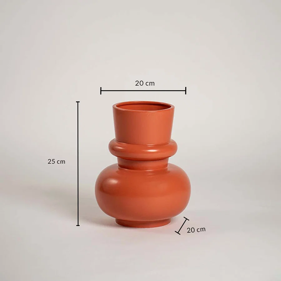Terracotta orange modern decorative vase shown with 25 cm height and 20 cm width for accurate placement in stylish modern interior decor settings.