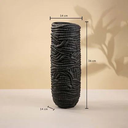 Black textured ceramic vase on white background showing height 36 cm and width 14 cm ideal for console tables and corner styling.