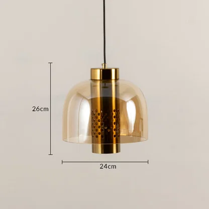 Modern amber glass pendant light with 26cm height and 24cm width for elegant dining room decor styling.