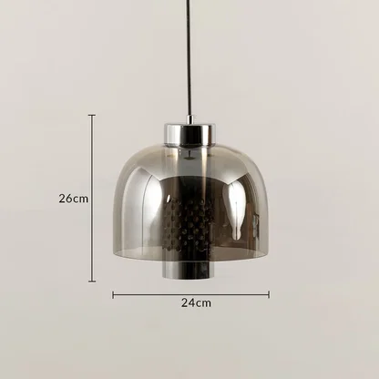 Smoky glass and chrome metal pendant light dimension image with 24 cm width and 26 cm height for dining room placement.