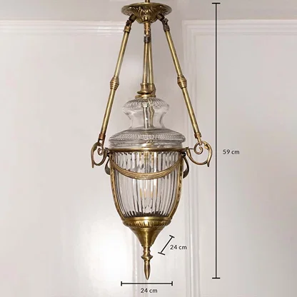 Dimension image of antique brass metal and ribbed glass pendant light showing 37 cm height and 24 cm width for entryways.