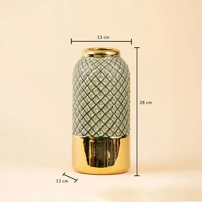 A tall grey vase with a textured pattern and gold bottom shown on a beige background with dimensions of 28 cm height 13 cm width and 13 cm base diameter clearly marked.