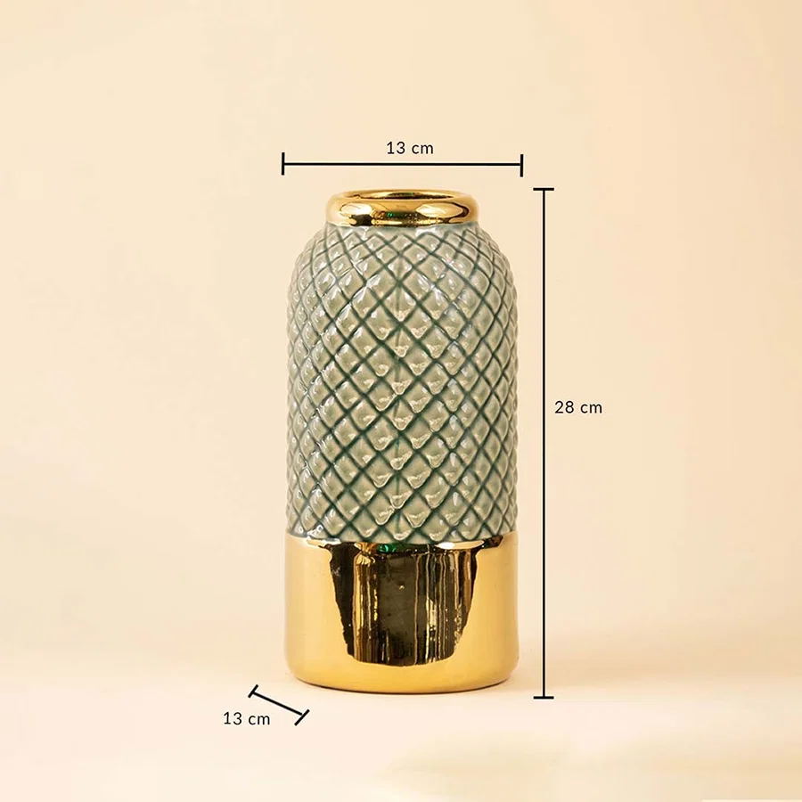 A tall grey vase with a textured pattern and gold bottom shown on a beige background with dimensions of 28 cm height 13 cm width and 13 cm base diameter clearly marked.