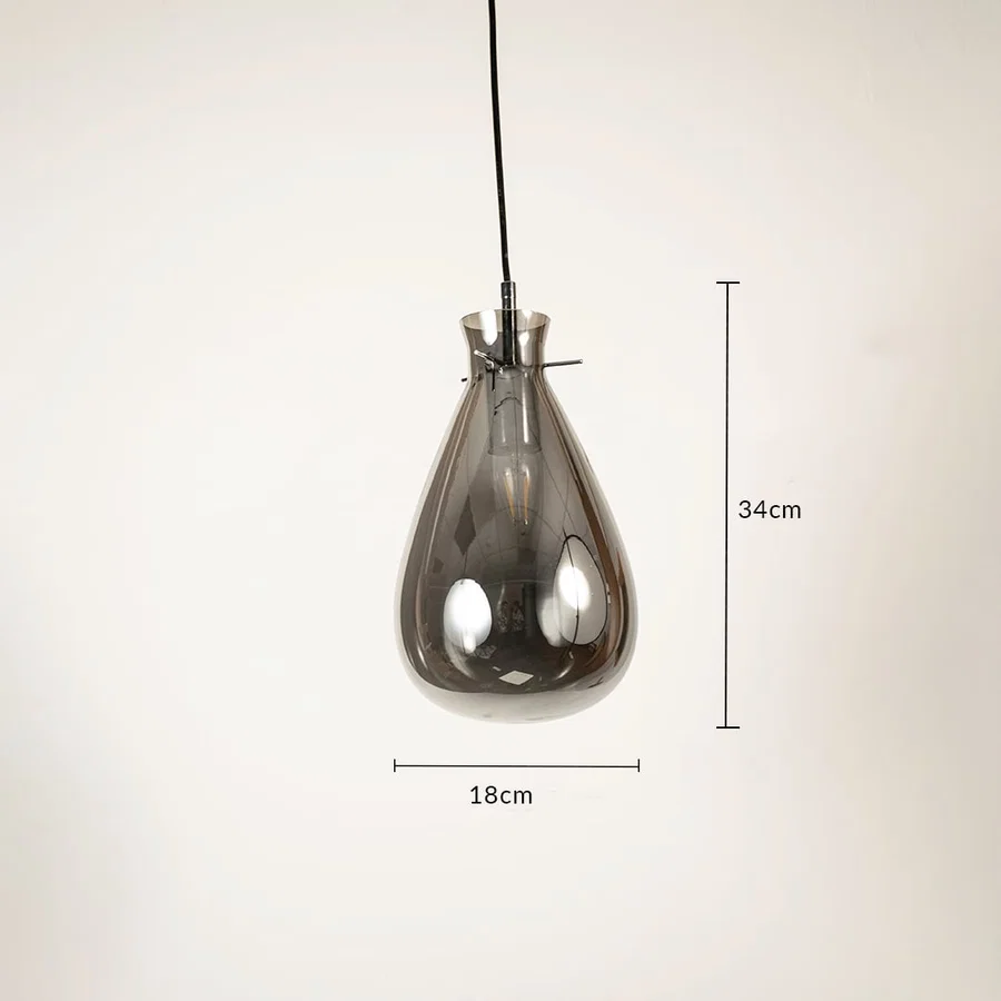 Smoked glass pendant light measuring 34 cm height and 16 cm width for modern ceiling lighting in stylish interiors.