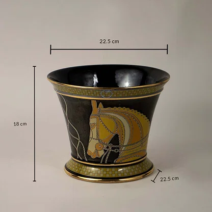 Hand painted ceramic planter showing 16 cm height and 14 cm width dimensions suitable for tabletop or shelf decor placement.