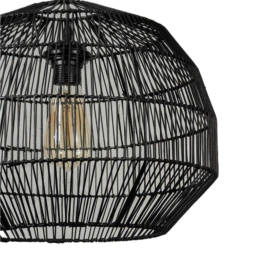 Black rattan pendant light shade with handcrafted woven texture and geometric cage design for modern interior decor.