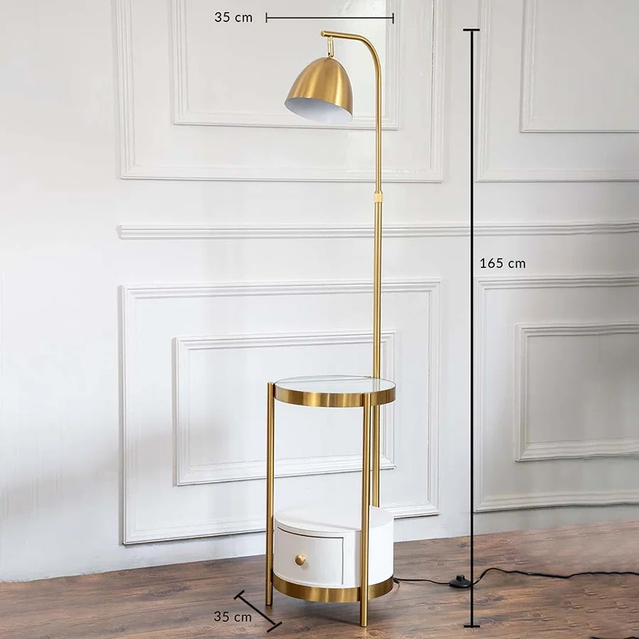 Gold floor lamp with glass side table and drawer showing 165 cm height and 35 cm width dimensions.