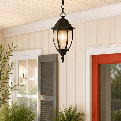 Classic black metal hanging teardrop glass lantern pendant light from porch ceiling next to red entryway door decoration.