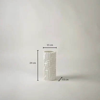 A tall white vase shown with size details displaying 24 cm height 11 cm width and 11 cm base diameter for accurate dimension reference.