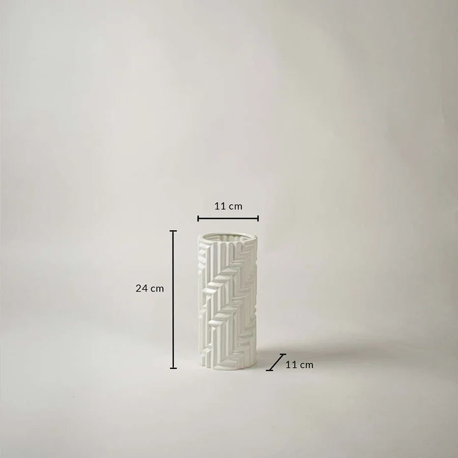 A tall white vase shown with size details displaying 24 cm height 11 cm width and 11 cm base diameter for accurate dimension reference.