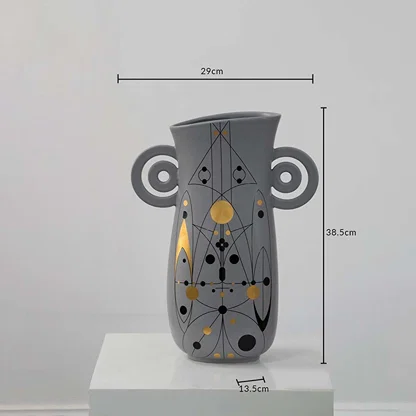 Grey ceramic vase with loop handles and 38.5 cm height and 29 cm width shown clearly for accurate home decor size reference.