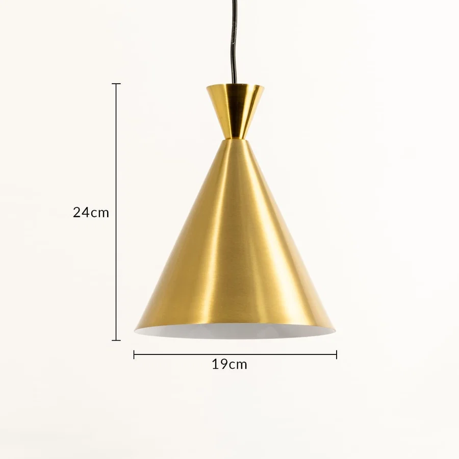 Gold metal cone pendant light dimension image with 19 cm width and 24 cm height for modern dining placement.