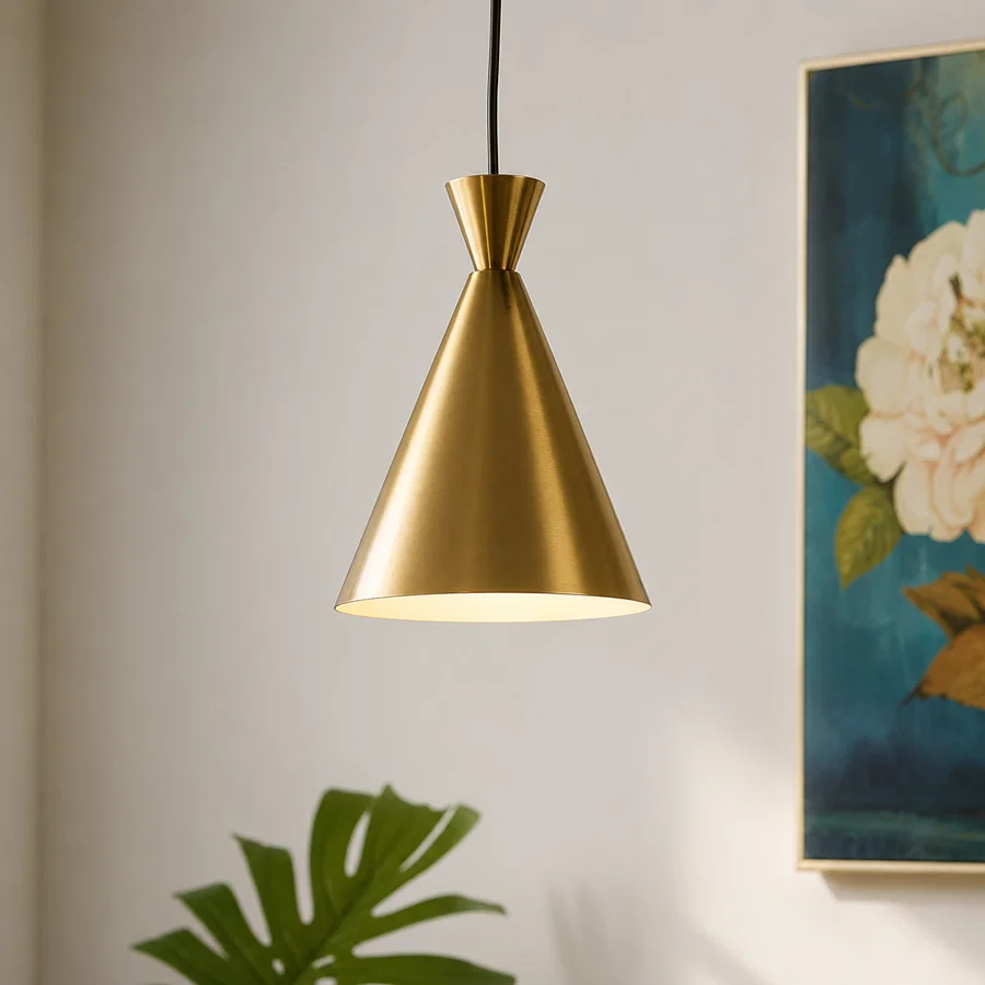 Modern gold brass cone pendant light fixture hanging in living room above indoor plants for contemporary home decor styling.