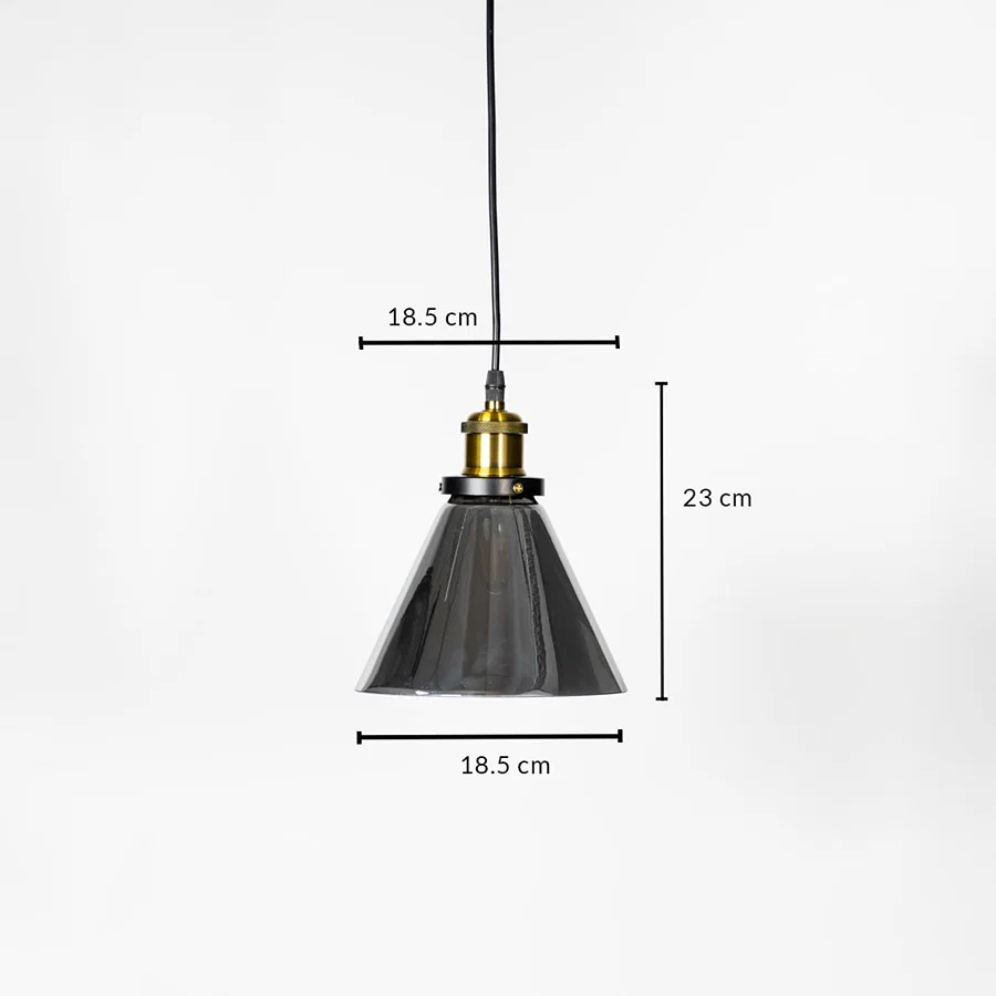 Smoked glass cone pendant light measuring 10.5 cm width and 23 cm height crafted for stylish ceiling lighting decor.
