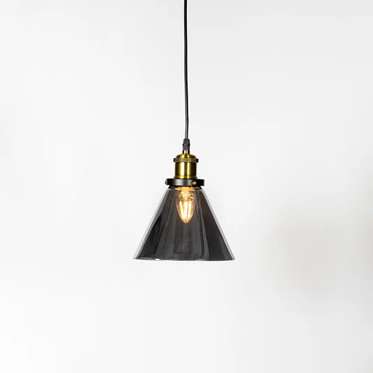 Smoked glass cone pendant light with brass metal holder and contemporary design for elegant ceiling lighting decor.