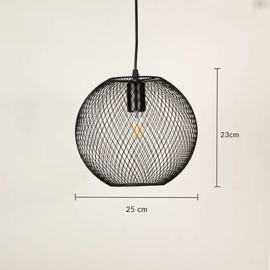 Black metal mesh pendant light measuring 23 cm height and 25 cm width for modern ceiling lighting in homes.