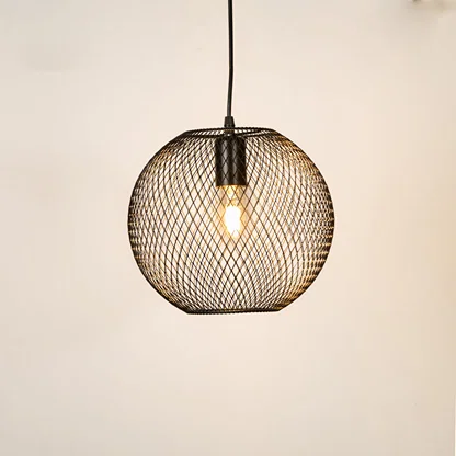 Black metal mesh pendant light with exposed bulb design offering stylish modern ceiling lighting for contemporary interiors.