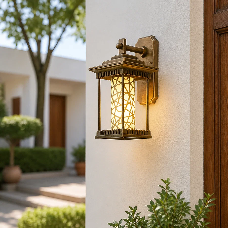 Modern gold brass metal rectangular wall lantern with mosaic glass cylinder on white pillar for home porch patio lighting.