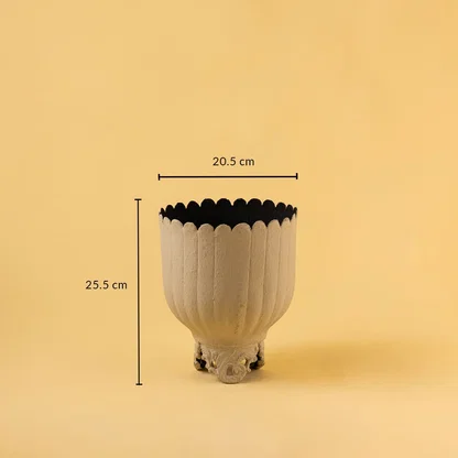 Cream metal scalloped planter decor with width 20.5 cm and height 25.5 cm shown clearly for accurate size reference.
