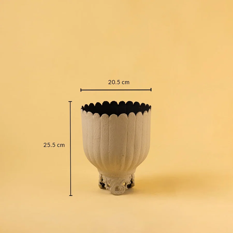 Cream metal scalloped planter decor with width 20.5 cm and height 25.5 cm shown clearly for accurate size reference.
