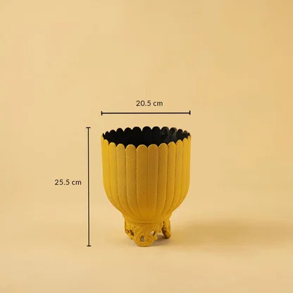 Yellow metal scalloped planter decor with width 20.5 cm and height 25.5 cm shown clearly for accurate size reference.