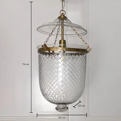 Dimension image of clear diamond cut glass and antique brass pendant light showing 70 cm height and 23 cm width.