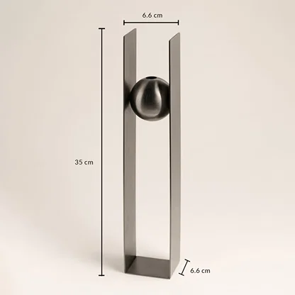 Dimensions of the Black Metal Sphere Vase are 35 cm in height and 6.6 cm in width highlighting its tall narrow and elegant structure.