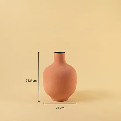 Terracotta textured metal vase shown with 28.5 cm height and 21 cm width offering a clear and accurate size reference.