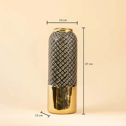 Grey textured tall vase with gold base measuring 37 cm height 13 cm width at top and 13 cm width at the base displayed on a beige background.
