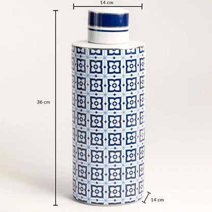 Blue and white ceramic jar with lid measuring 36 cm height and 14 cm diameter perfect for home and kitchen decor.