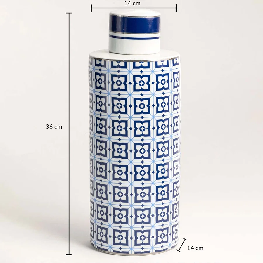 Blue and white ceramic jar with lid measuring 36 cm height and 14 cm diameter perfect for home and kitchen decor.