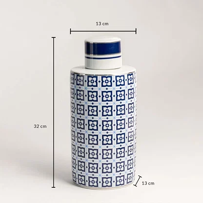 Blue patterned ceramic jar with 32 cm height and 13 cm width shown with measurement details.