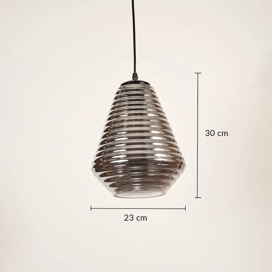 Smoked ribbed glass pendant light measuring 30 cm height and 23 cm width for stylish modern ceiling lighting.