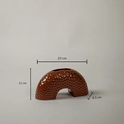 Dimension image of the brown arched ceramic vase showing height 11 cm  width 25 cm  and depth 8.5 cm against a white background.