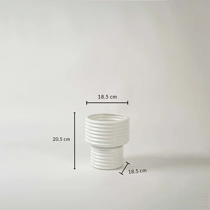 White ribbed ceramic vase with 20.5 cm height and 18.5 cm width shown clearly for accurate decor size reference and planning.