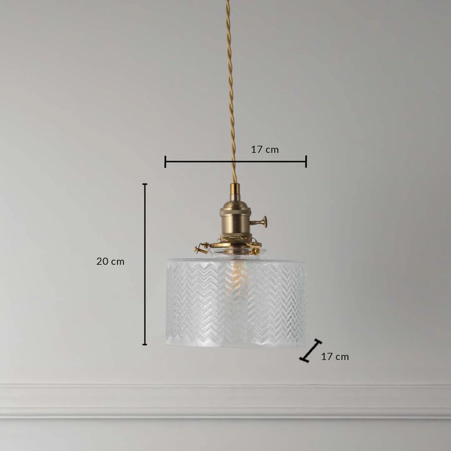 Clear textured glass and brass pendant light dimension image with 17 cm width and 20 cm height for luxury bedside placement.